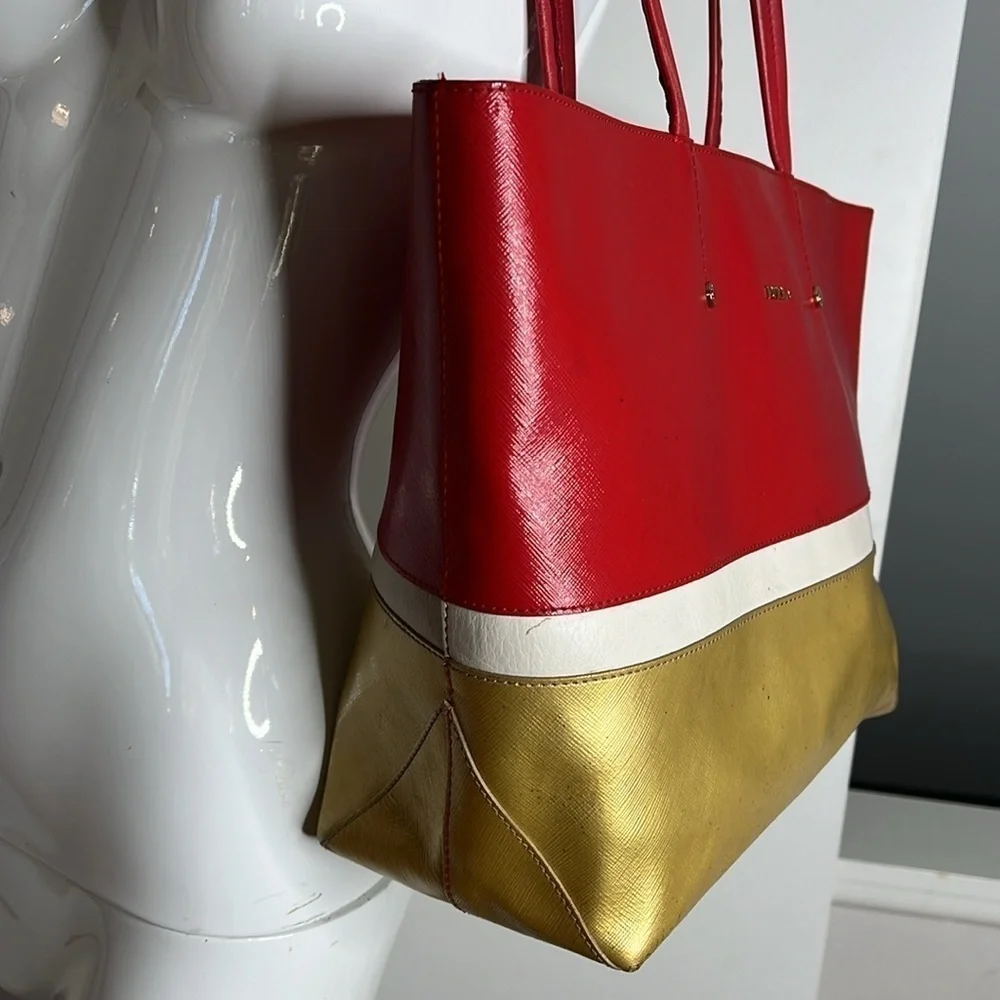 Furla Melissa Leather Tote Shoulder Bag Red White Gold